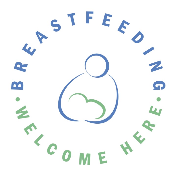 Outline of parent holding child surrounded by the words Breastfeeding Welcome Here