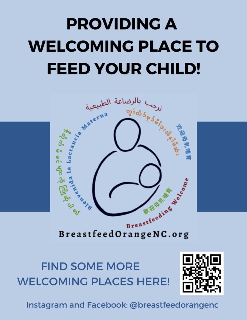 Breastfeed Orange NC logo and QR code with text - providing a welcoming place to feed you child