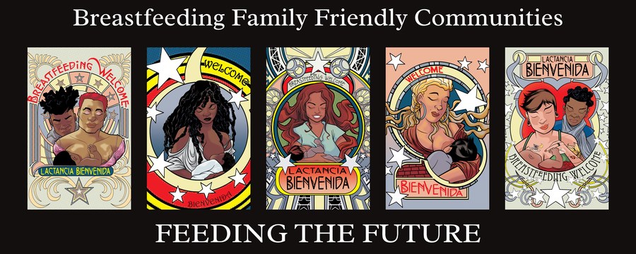 Five Breastfeeding Welcome and Lactancia Bienvenida signs, art by L. Jámal Walton, installed in Durham parks