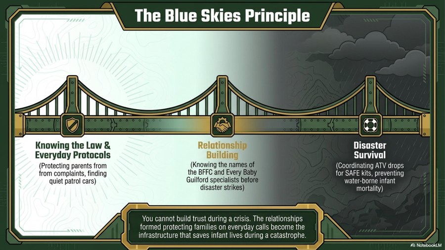 Playbook page: the Blue Skies Principle, build the relationship before the emergency