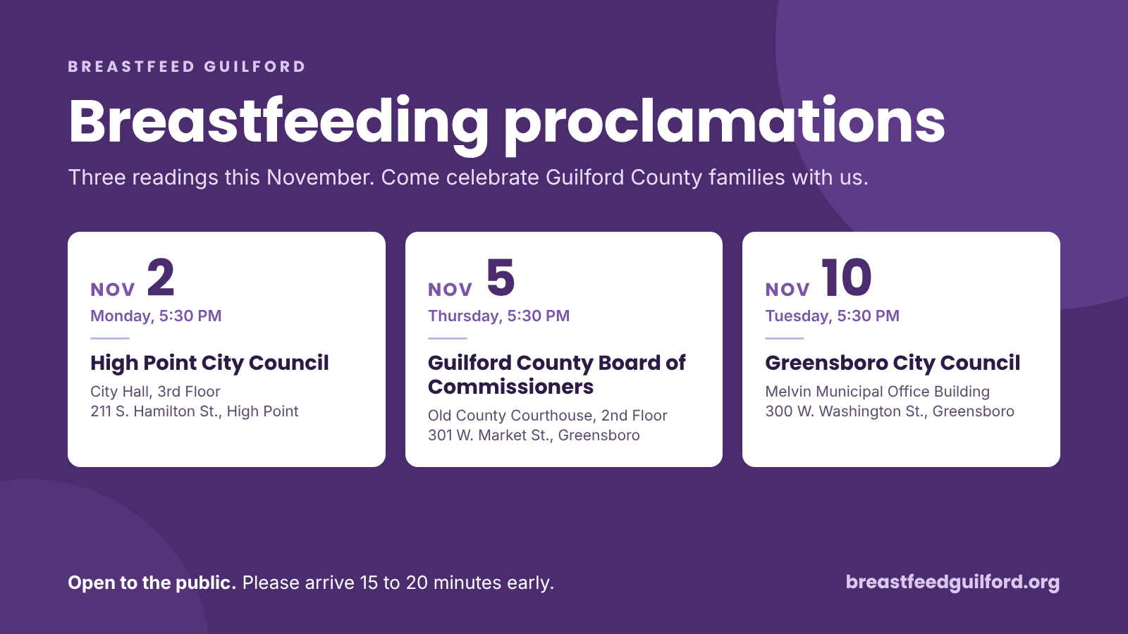 Breastfeed Guilford: breastfeeding proclamations this November. High Point City Council, Monday, November 2, 5:30 PM. Guilford County Board of Commissioners, Thursday, November 5, 5:30 PM. Greensboro City Council, Tuesday, November 10, 5:30 PM. Open to the public.