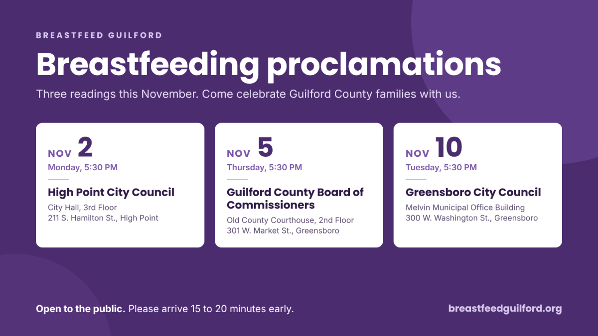Breastfeed Guilford: breastfeeding proclamations this November. High Point City Council, Monday, November 2, 5:30 PM, City Hall, 211 S. Hamilton St. Guilford County Board of Commissioners, Thursday, November 5, 5:30 PM, Old County Courthouse, 301 W. Market St., Greensboro. Greensboro City Council, Tuesday, November 10, 5:30 PM, Melvin Municipal Office Building, 300 W. Washington St. Open to the public.