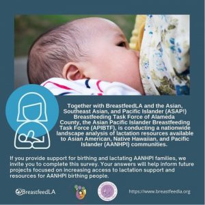 Image of nursing infant with Asian American Native Hawaiian Pacific Islander logo and information about survey for lactation providers serving AANHPI communities.